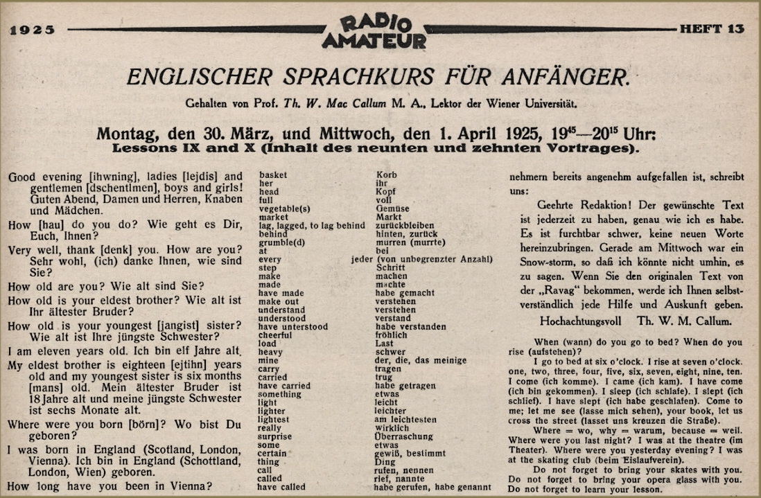 Bildausschnitt Englischer Sprachkurs für Anfänger. In: Österreichischer Radio-Amateur, Heft 13, 1925