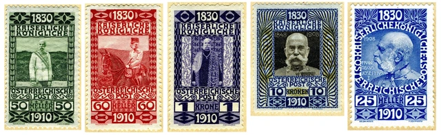 Briefmarken zum 80. Geburtstag von Kaiser Franz Joseph. Markenserie aus dem Jahre 1910 mit fünf Marken. Grün, rot und blautöne. 