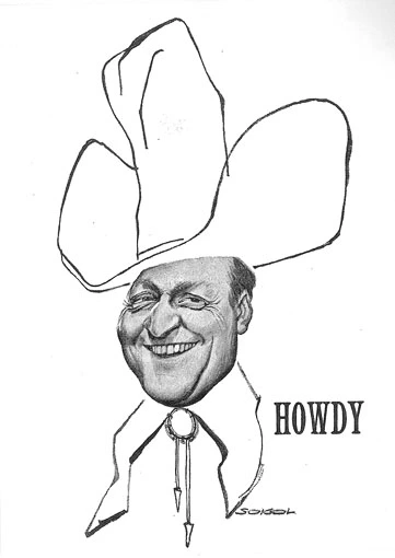 Günther Schifter's face as a comic with a stylised cowboy hat and a western tie. Next to this is written the word ‘HOWDY’. The picture is signed ‘Sokol’.