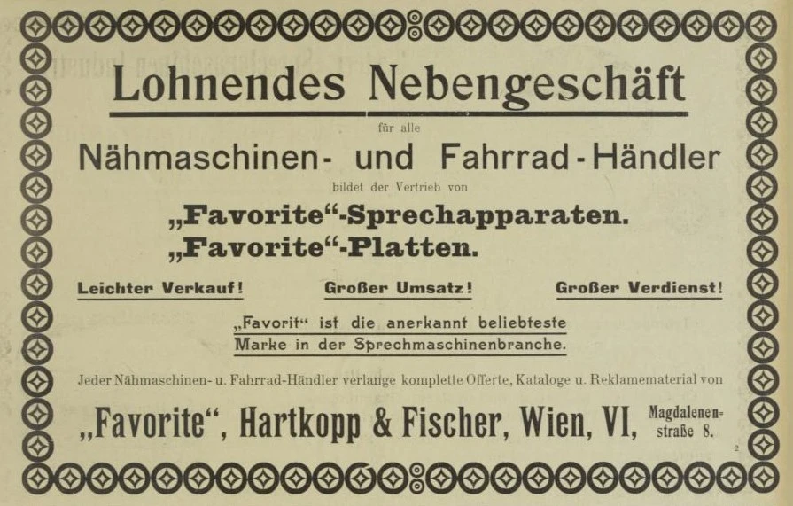 Inserat in der Fach­zeitschrift „Öster­reichische Näh­maschinen- und Fahrrad-Zeitung“ (1908)