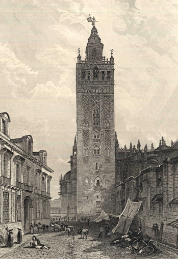 Straßenansicht in Sevilla mit blick auf die Giralda, den viereckigen Glockenturm.