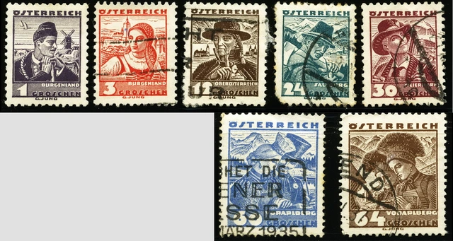 Briefmarken-Serie "Österreichische Volkstrachten", 1934. Sieben bunte Briefmarken von 1 bis 64 Groschen