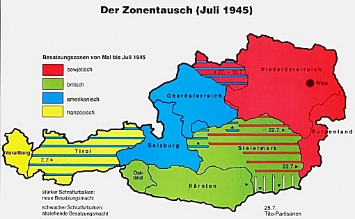 Besatzungszonenkarte. Aufteilung der vier Alliierten in den Bundesländern.