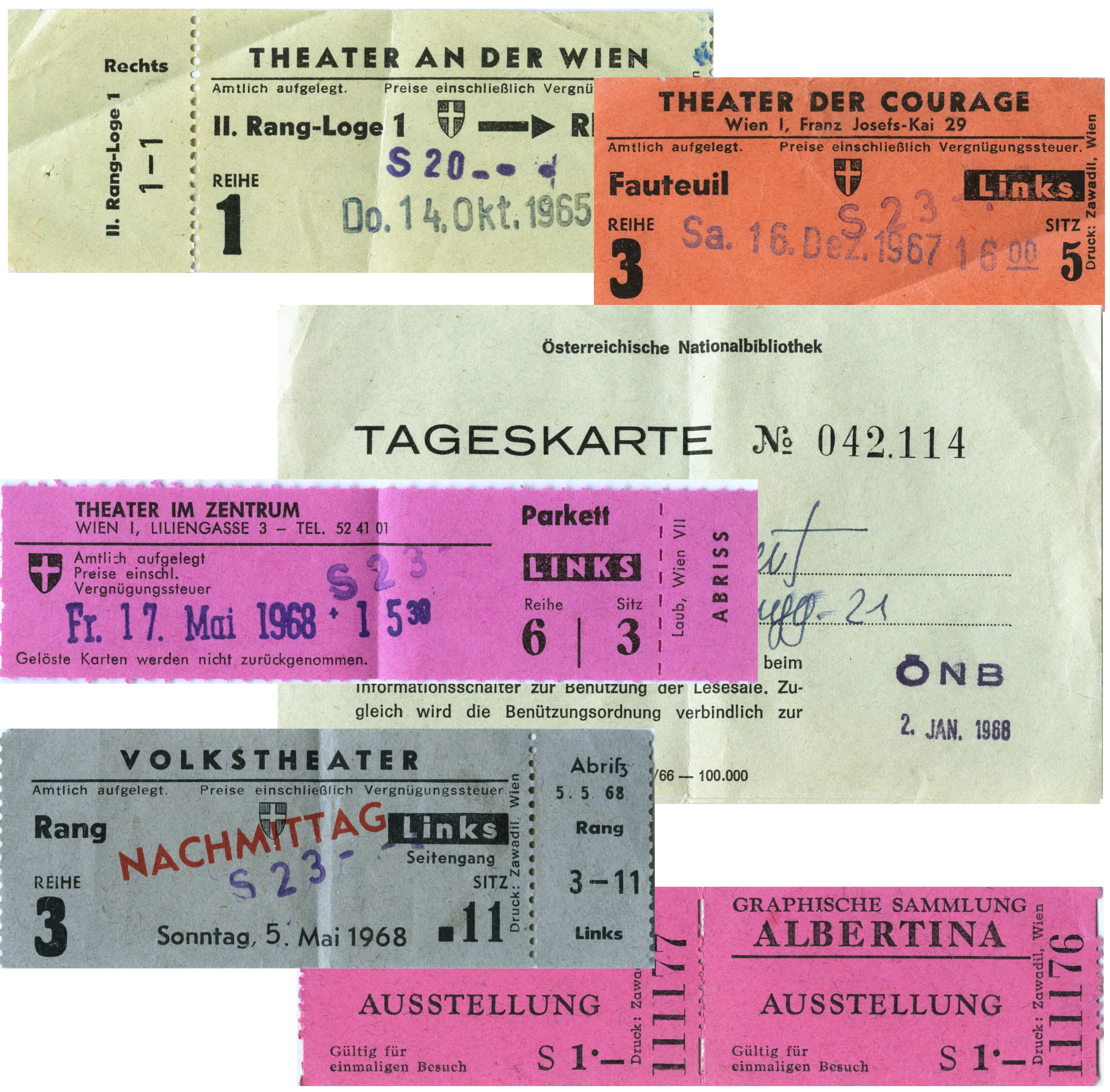 Theaterkarten in grau, oange und pink vom Volkstheater, Theater der Courage, Theater an der Wien, Theater im Zentrum und Tageskarte der Nationalbibliothek.