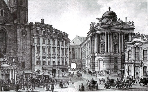 Historische Ansicht über den Michaelaplatz auf das Alte Burgtheater.