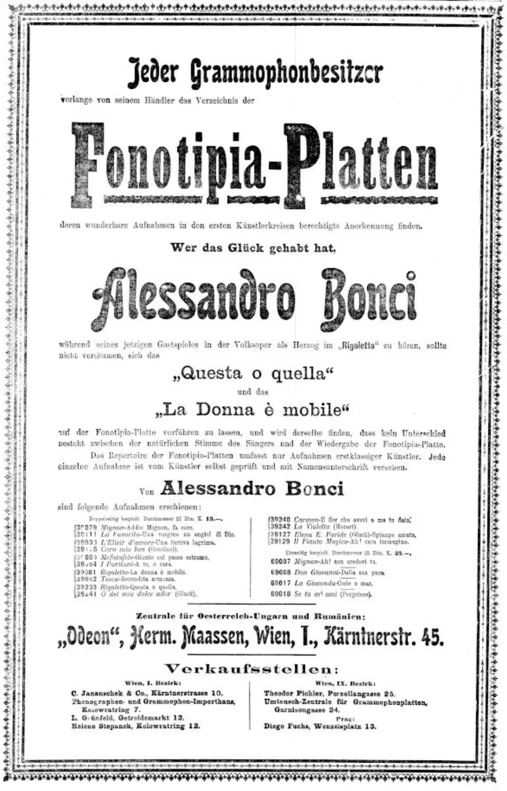 Ganzseitiges Inserat für Fonotipia-Platten von Alessandro Bonci, darunter die doppelseitig bespielte Platte mit den Titeln „Addio, Mignon, fa core“ und „Una vergine un angiol di Dio“ (1905)