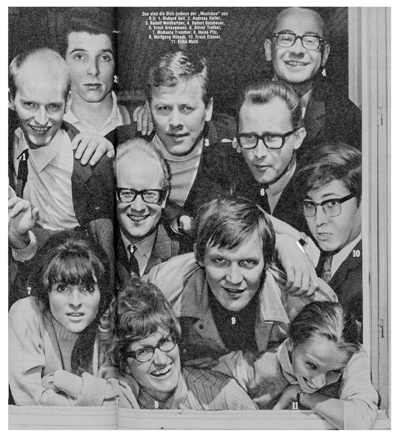 Gruppenbild der Programmgestalter und Disc Jockeys des neuen Senders Ö3 mit Andrè Heller und Ernst Grissemann, 1968 aus der Zeitschrift Bravo