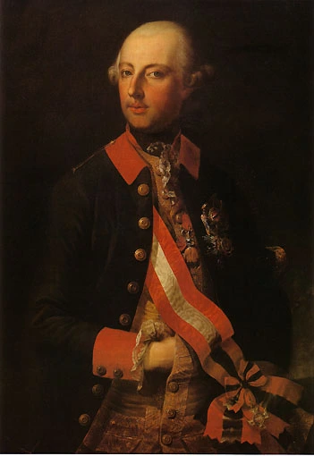 Portrait Kaiser Joseph II. in Uniform mit rot-weiß-roter Schärpe.