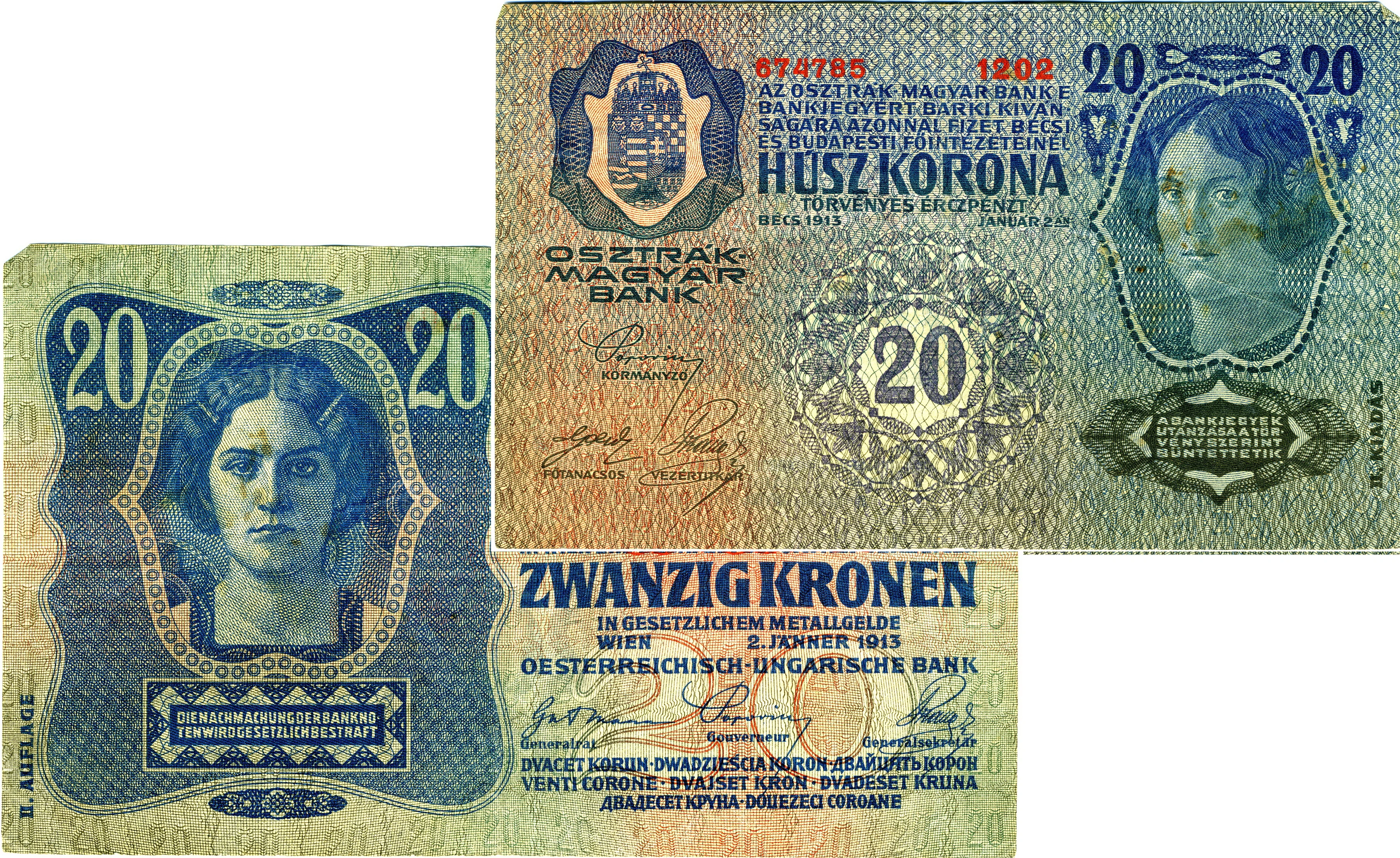 20-Kronen-Schein, 1913. Vorder- und Rückseite der zweisprachigen (deutsch-ungarischen) Banknote mit Frauenköpfen.