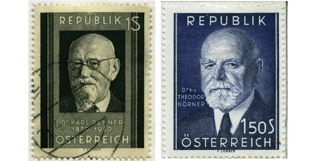 Briefmarke "Dr. Karl Renner", und Briefmarke "80. Geburtstag von Dr. h.c. Theodor Körner". Zwei Briefmarken mit den Portraits der beiden Politiker.