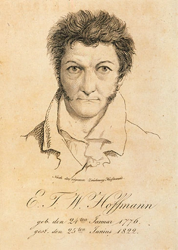 Stich nach einem Selbstportrait von E.T.A. Hoffmann mit seinen ursprünglichen Initialen E.T.W. Hoffmann und seinem Geburts- und Sterbedatum.