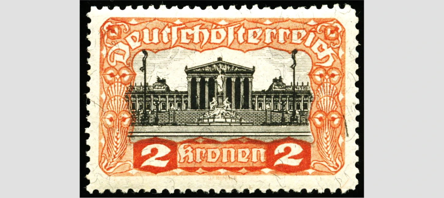 Briefmarke mit Parlamentsabbildung. Oranger Rahmen. 2 Kronen. Aus der Briefmarkenserie "Wiener Parlament", 1919.