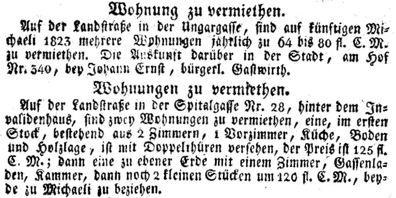 Zwei Wohnungsanzeigen in der Wiener Zeitung vom 11. September 1823