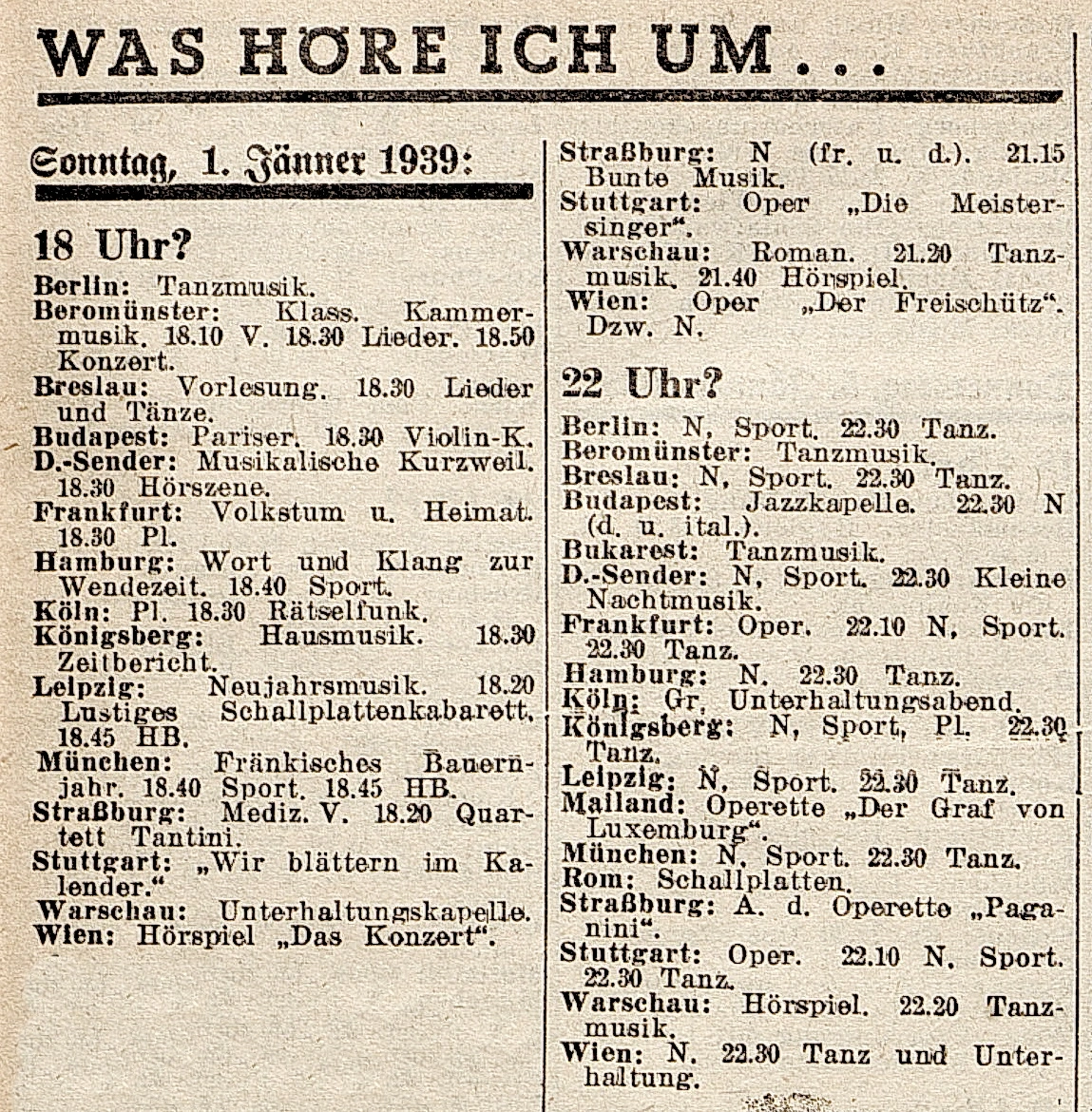 Radioprogramm, 1. Jänner 1939