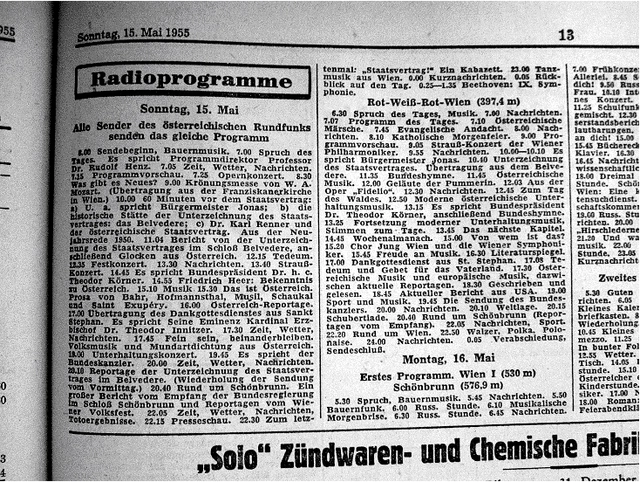 Radioprogramm des ganzen Tages. Überschrift: " Sonntag 15. Mai. Alle Sender des österreichischen Rundfunks senden das gleiche Programm. 6.00 Sendebeginn, Bauernmusik. 7.00 Spruch des Tages..."