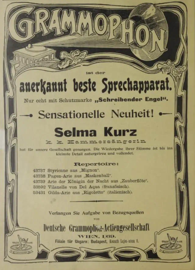 Ganzseitiges Inserat der Grammophon für Aufnahmen von Selma Kurz (1906)