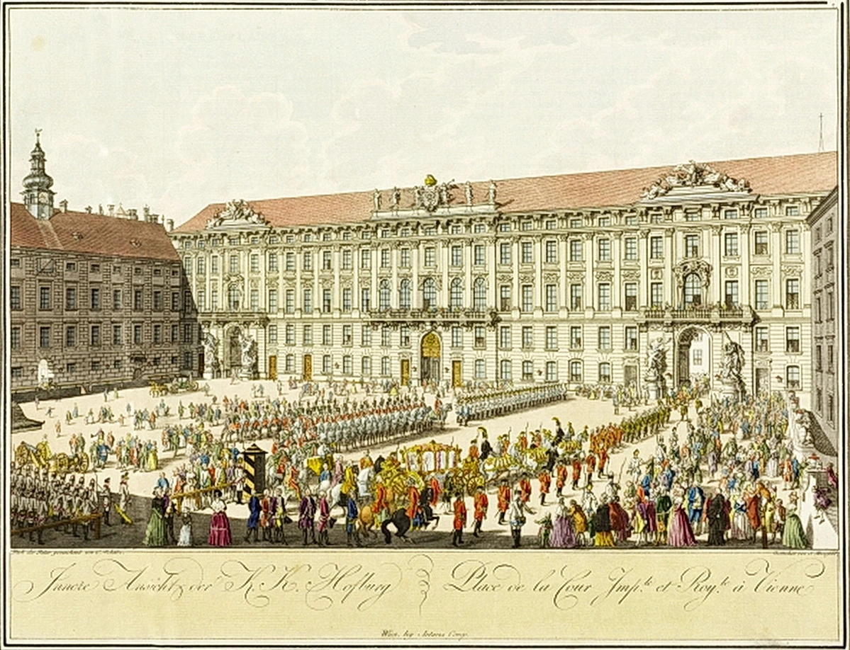 Kolorierte Radierung von Sebastian Mansfeld nach einer Zeichnung von Karl Schütz: Sicht über den Reichskanzleitrakt der Hofburg. Im Hof wird exerziert. Um 1792.