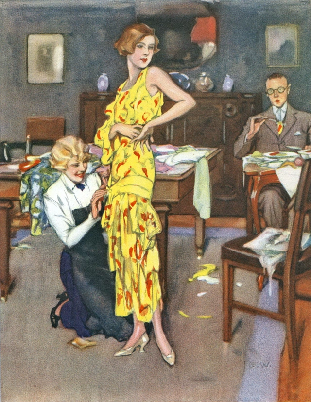 Zeichnung von B. Wennerberg: Die neue Frühjahrstoilette oder der ausquartierte Ehemann, in: Das Magazin, April 1932