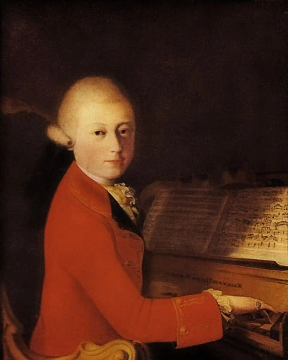 Portrait des ca. 12-jährigen Mozarts auf einem Cembalo spielend. 