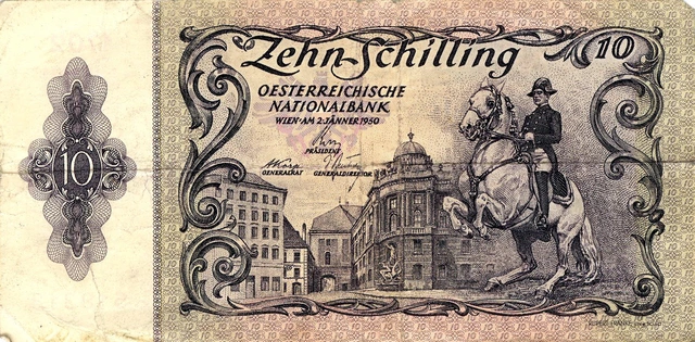 10-Schilling-Banknote (schon die vierte Serie nach dem Krieg, wenn man den Alliierten Militärschilling mitberücksichtigt). Ausgegeben 1951: Auf der Vorderseite der Banknote ist ein Reiter der Hofreitschule mit Lipizzaner.