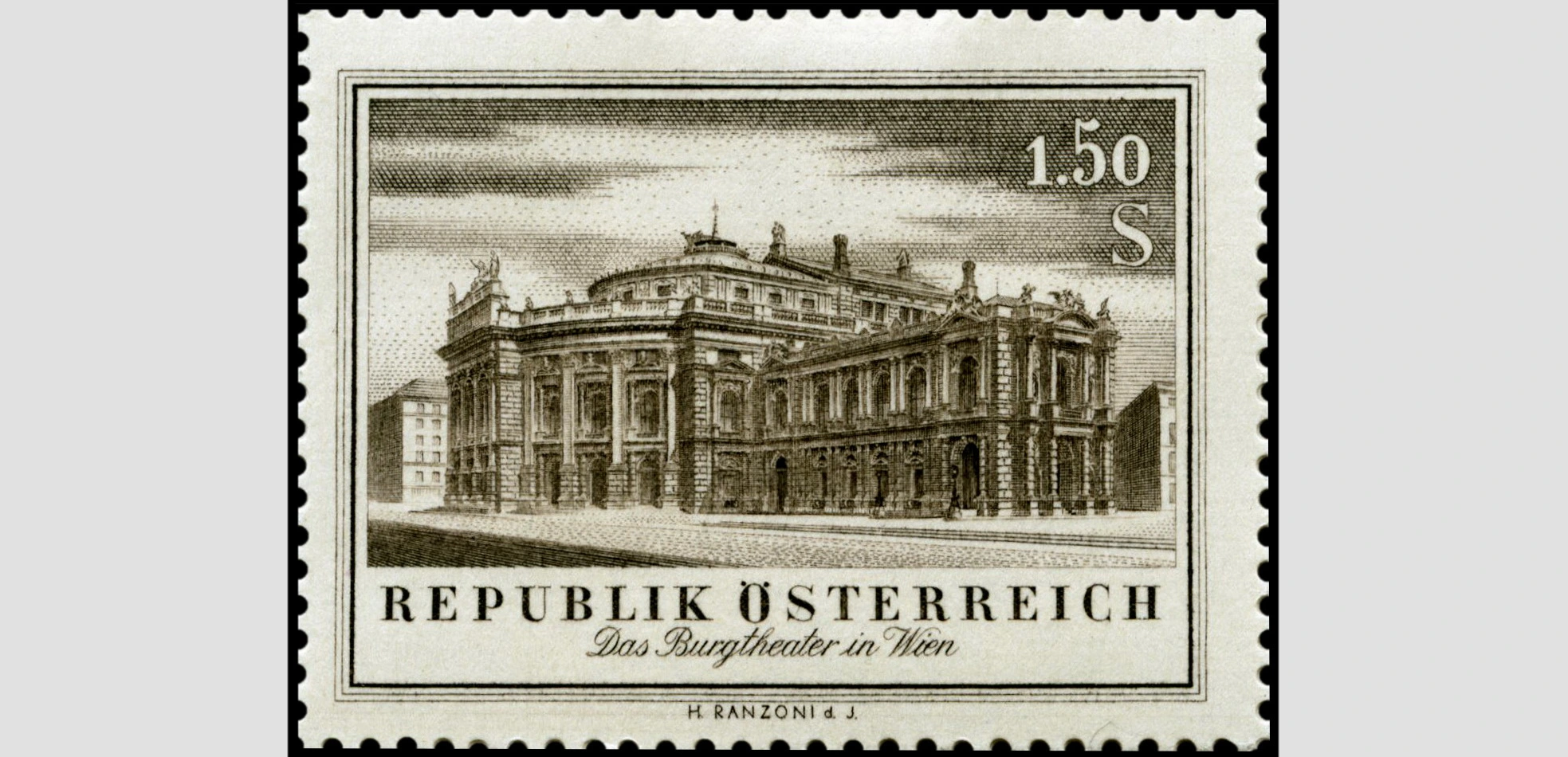 Briefmarke aus der Serie "Eröffnung von Burgtheater und Staatsoper", 25. 7. 1955. Stich des Burgtheaters in braun gefärbt. 1,50 Schilling. 