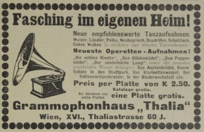 Inserat des Grammophonhauses Thalia mit Werbung für „Der Klarinetten­wenzel“ und „Der Schienen­ritzen­kratzer“ (1911)