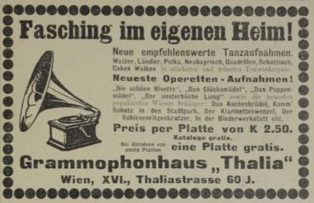 Inserat des Grammophonhauses Thalia mit Werbung für „Der Klarinetten­wenzel“ und „Der Schienen­ritzen­kratzer“ (1911)