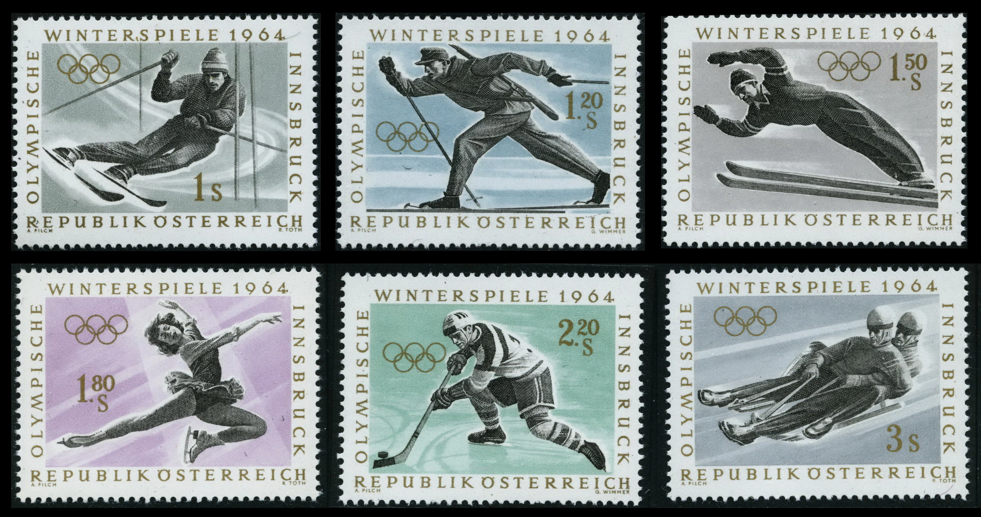 Briefmarkenserie "IX. Olympische Winterspiele in Innsbruck". Sechs marken mit unterschiedlichen Wintersportlern.