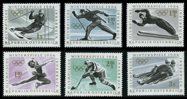 Briefmarkenserie "IX. Olympische Winterspiele in Innsbruck". Sechs marken mit unterschiedlichen Wintersportlern.