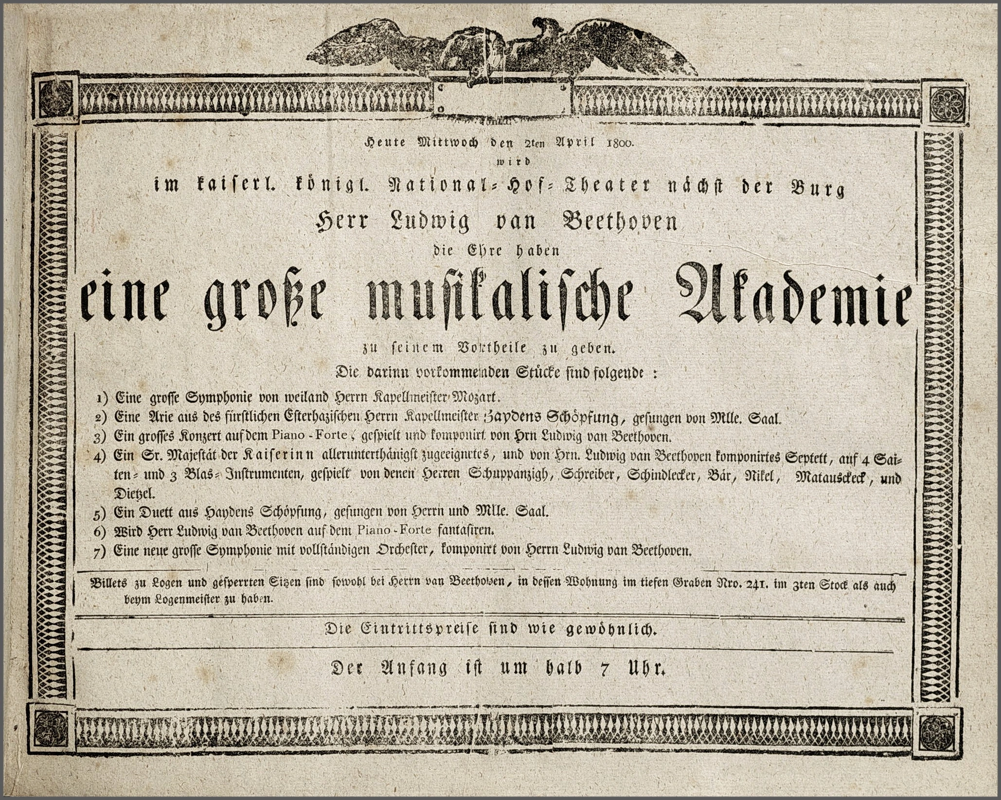 Ankündigung der Uraufführung der Symphonie Nr. 1 auf einem Theaterzettel vom 2. April 1800