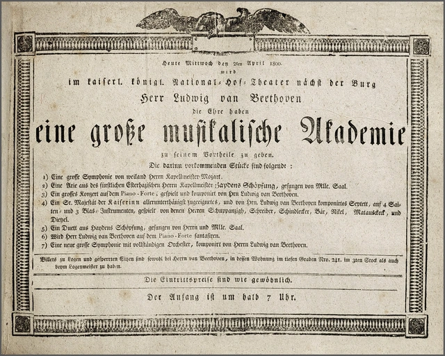 <p>Announcement of the world premiere of Beethoven's 1st Symphony</p>