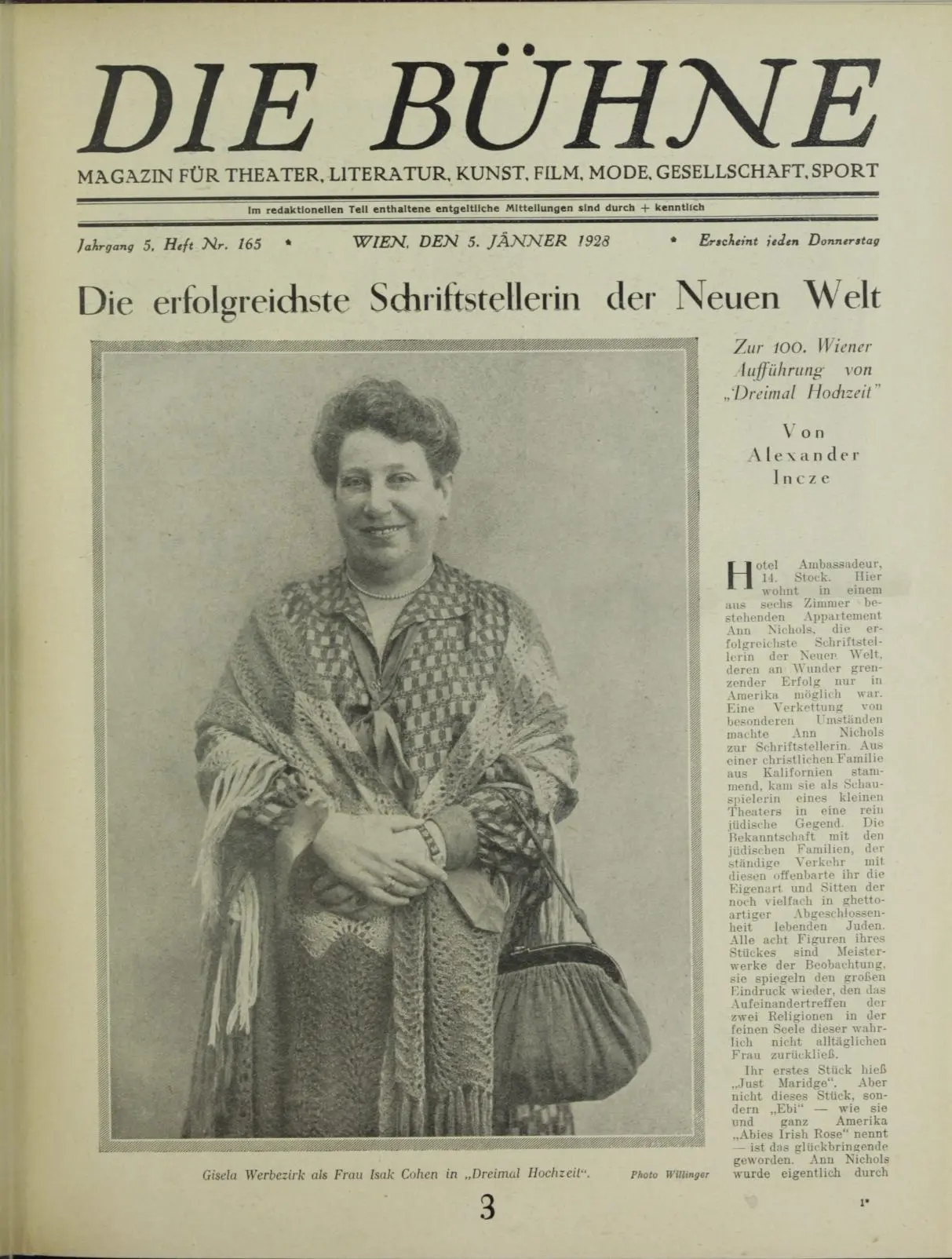 "Die Bühne" - 5. Jänner 1928 - Titelbild - Gisela Wehrbezirk