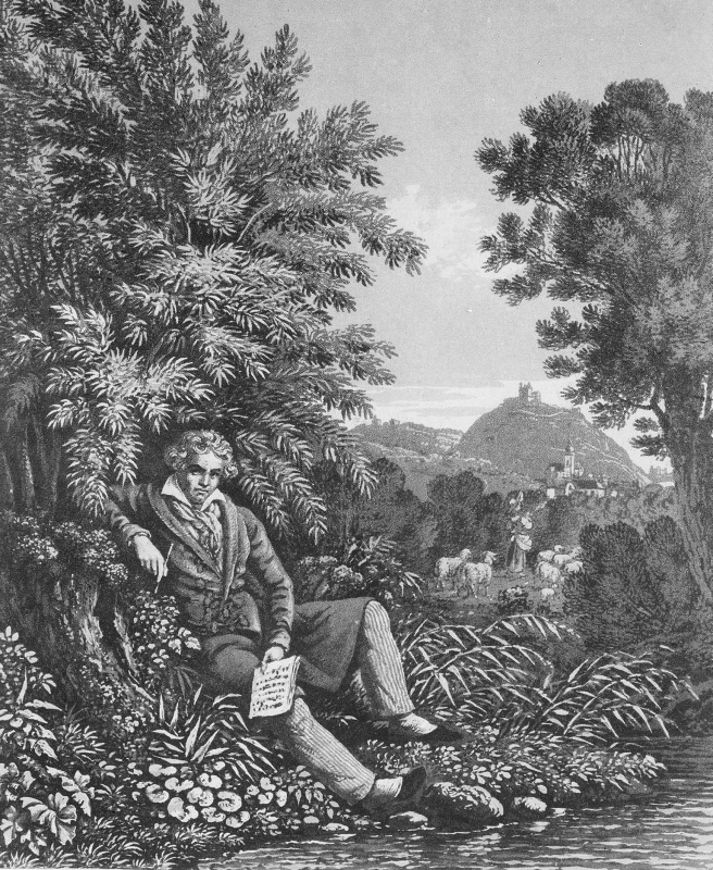 Lithografie, auf der Ludwig van Beethoven zu sehen ist. Er sitzt im Krapfenwaldl und komponiert.