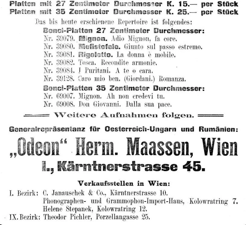 Inserat für Aufnahmen von Alessandro Bonci (1905)