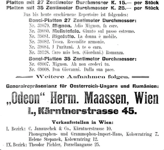 Inserat für Aufnahmen von Alessandro Bonci (1905)