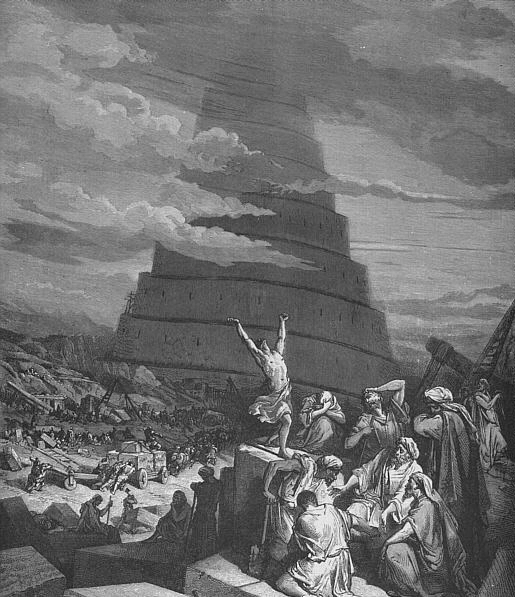 “Die Verwirrung der Sprachen” - Turmbau zu Babel, Holzschnitt von Gustave Doré, circa 1860 - 1865