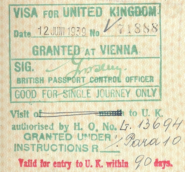 Reisepassseite mit Stempel: VISA for United Kingdom. Date 12. Juni 1939. Granted at Vienna...