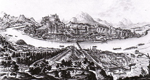 Blick vom Kapuzinerberg über die Salzach auf die Altstadt von Salzburg im Jahre 1791, Radierung.