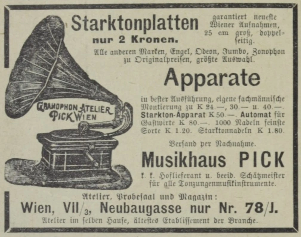 Inserat des Musikhauses Pick, das die Aufnahme „s’Räuscherl“ im Angebot hatte (1909)