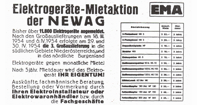 Zeitungsanzeige: "Elektro-Meitaktion der NEWAG..." Informationen über die Miete von Elektrogeräten die nach 5 Jahren ins Eigentum übergehen.