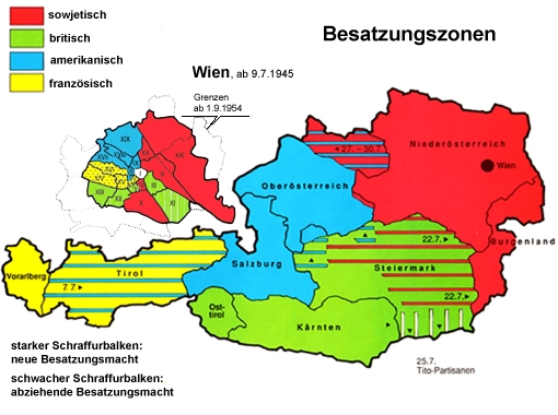 Österreichkarte mit den vier Zonen der Alliierten und der Darstellung, dass die Briten Tirol dann den Franzosen, die Russen Teile der Steiermark den Briten sowie die Amerikaner das Mühlviertel den Russen überlassen haben.