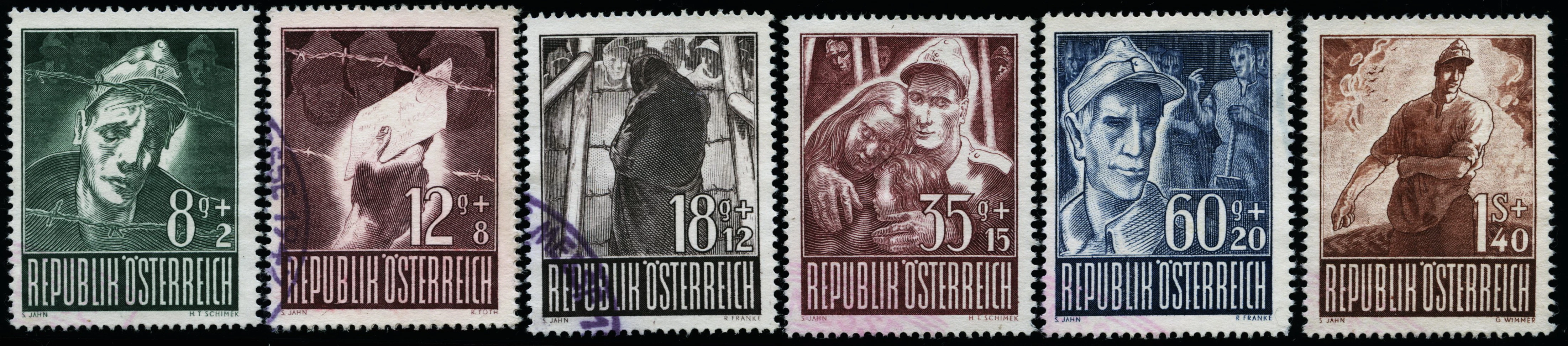 Briefmarken-Serie Kriegsgefangene. Erdfarbene Briefmarken mit Motiven heimkehrender Soldaten.