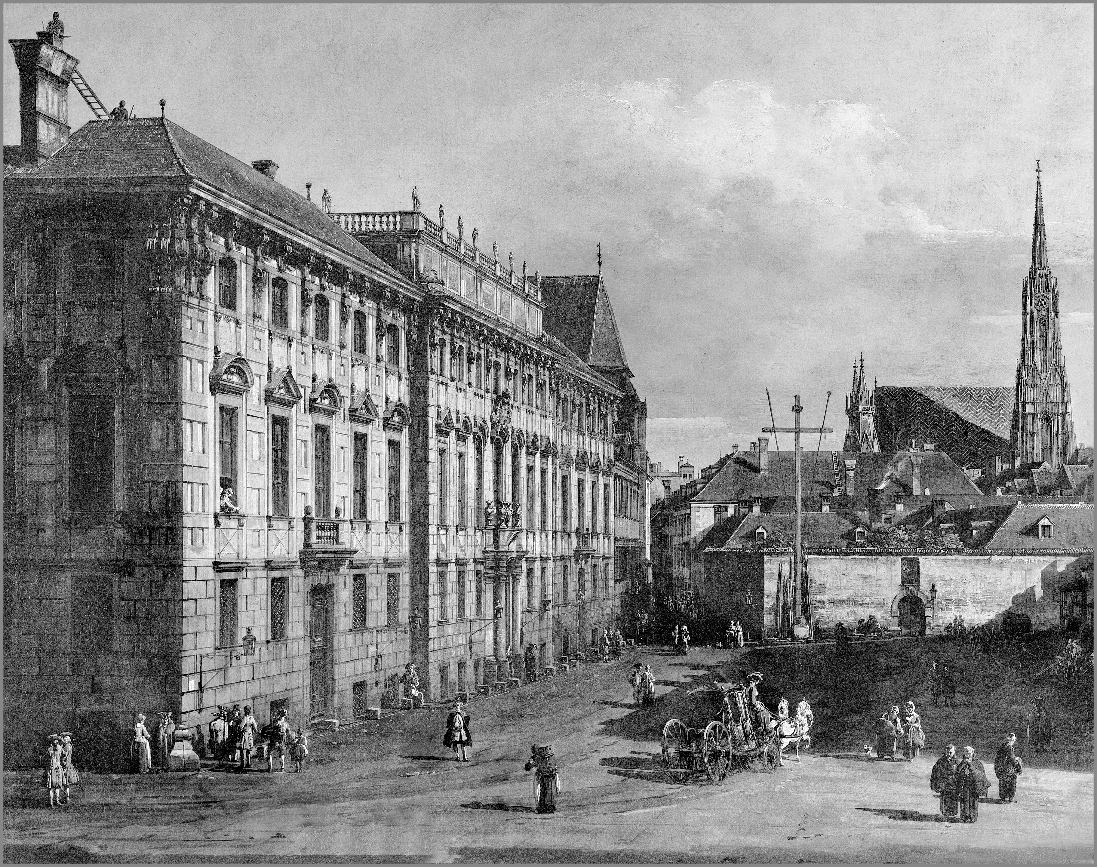 Stadtansicht mit dem Palais Lobkowitz; im Hintergrund ist der Stephansdom zu sehen.