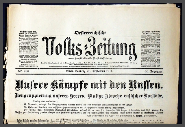 Kleine Volks-.Zeitung, 20. 9. 1914. Titelseite über die Kämpfe mit der russischen Armee