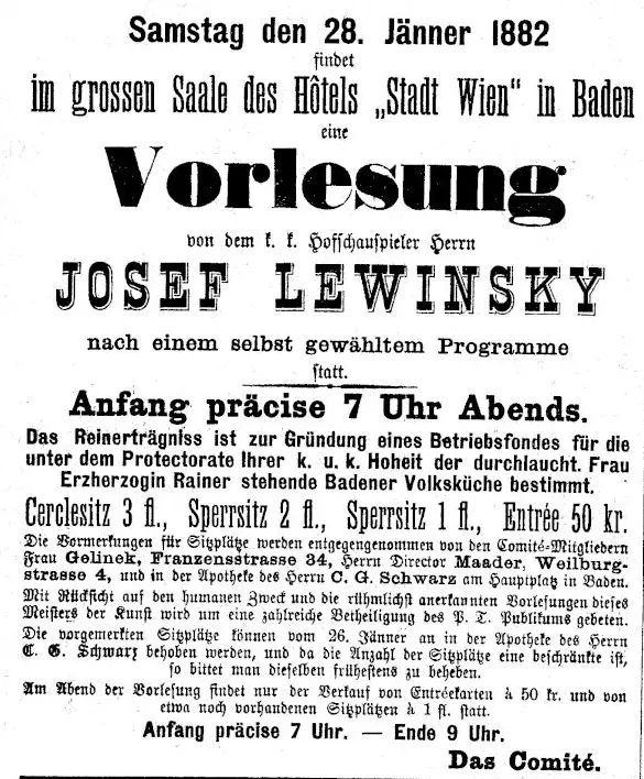 Annonce Lewinsky für Lesung in Baden, 1882