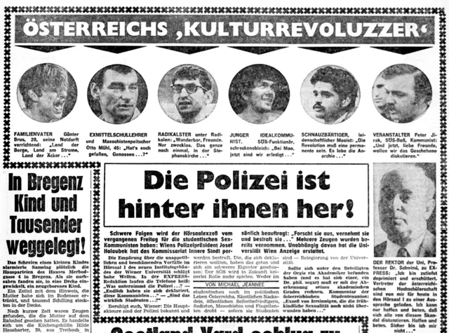 Artikel mit Portraitfotos der Teilnehmer und Schlagzeilen: "Österreichs, Kulturrevouzzer" sowie "Die Polizei ist hinter ihnen her!"