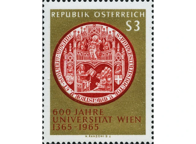 Briefmarke "600 Jahre Universität Wien, 1365-1965". Die Marke zeigt das Siegel der Universität Wien. "600 Jahre Universität Wien 1365-1965"