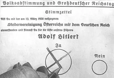 Stimmzettel für die Volksabstimmung über die Vereinigung Österreichs mit dem Deutschen Reich und die Wahl zum Großdeutschen Reichstag. April 1938. Hand macht mit einem Stift ein Kreuz im größeren Ja-Kreis.