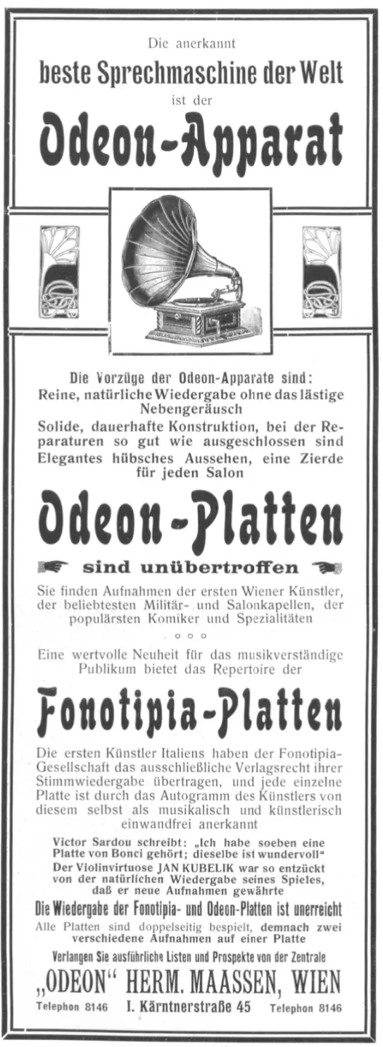 Das Inserat wirbt mit Aussagen von Künstlern wie Jan Kubelik. Ihre Unter­schriften sollten außer­dem die Qualität der Platten bezeugen. (1906)