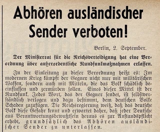 Das Abhören ausländischer Sender ist verboten, Zeitschrift Radio Wien, 9. September 1939